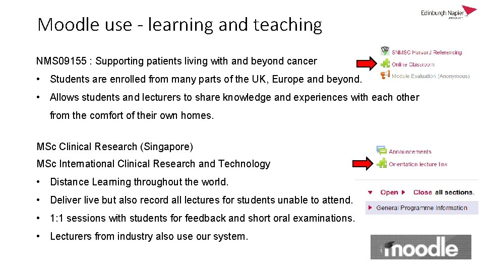 Moodle use - learning and teaching NMS 09155 : Supporting patients living with and