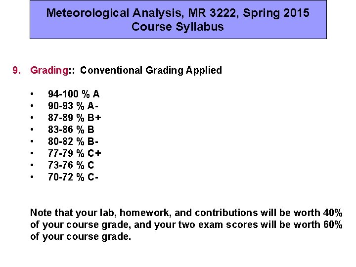 Meteorological Analysis, MR 3222, Spring 2015 Course Syllabus 9. Grading: : Conventional Grading Applied
