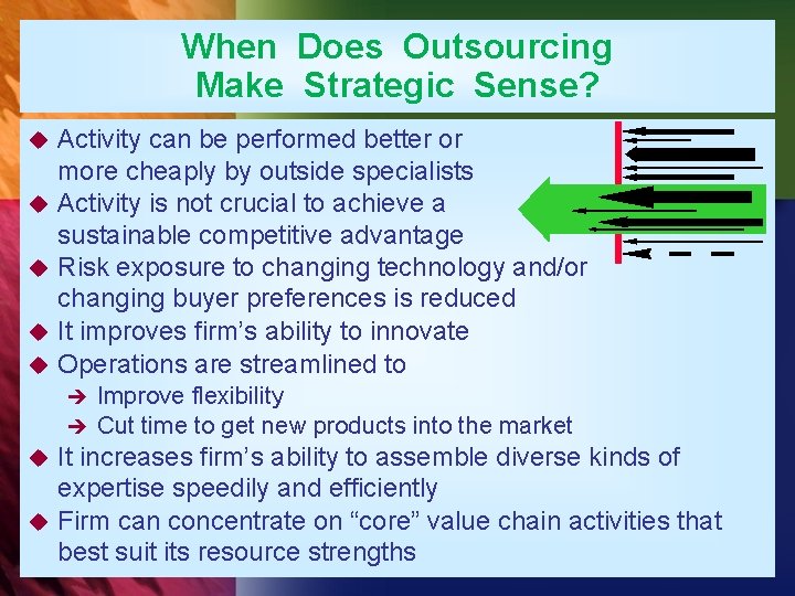 When Does Outsourcing Make Strategic Sense? u u u Activity can be performed better