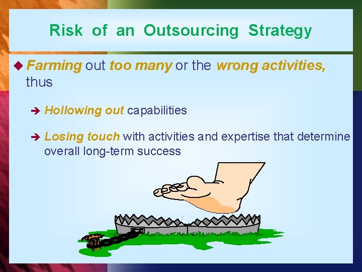 Risk of an Outsourcing Strategy u Farming out too many or the wrong activities,