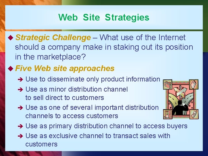 Web Site Strategies u Strategic Challenge – What use of the Internet should a
