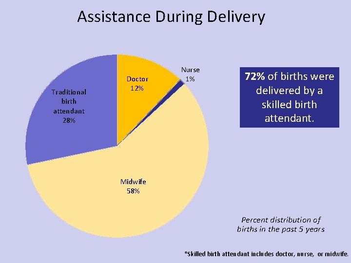 Assistance During Delivery Traditional birth attendant 28% Doctor 12% Nurse 1% 72% of births