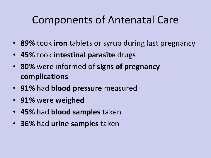 Components of Antenatal Care • 89% took iron tablets or syrup during last pregnancy