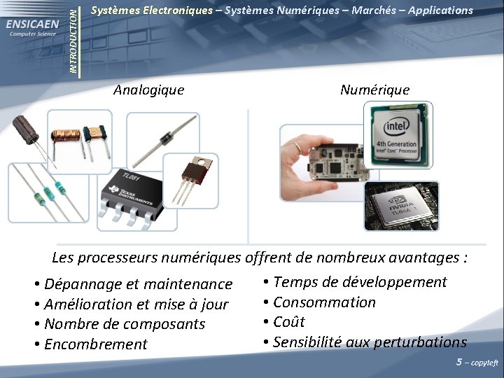 INTRODUCTION Systèmes Electroniques – Systèmes Numériques – Marchés – Applications Analogique Numérique Les processeurs