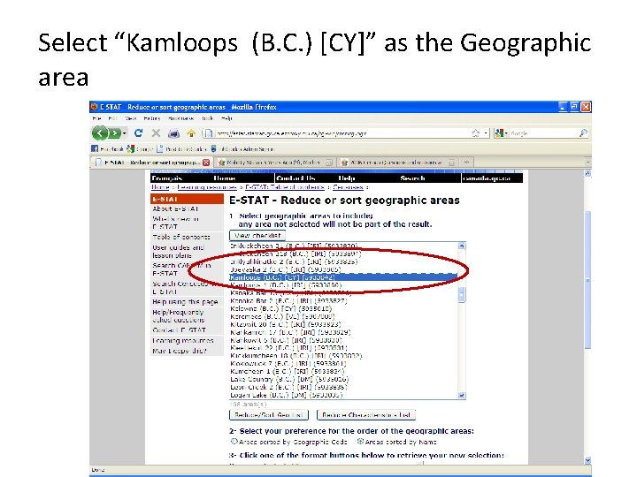Select “Kamloops (B. C. ) [CY]” as the Geographic area 