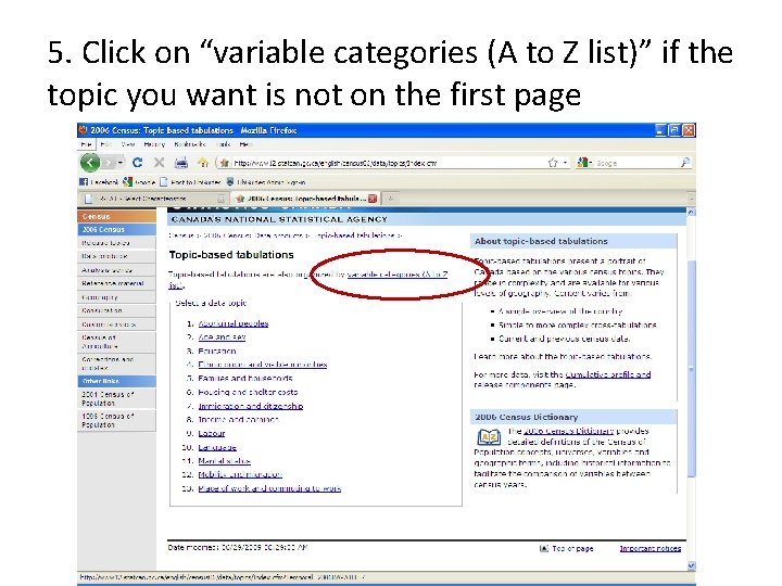 5. Click on “variable categories (A to Z list)” if the topic you want