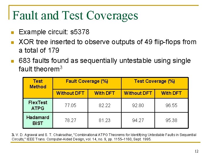 Fault and Test Coverages n n n Example circuit: s 5378 XOR tree inserted