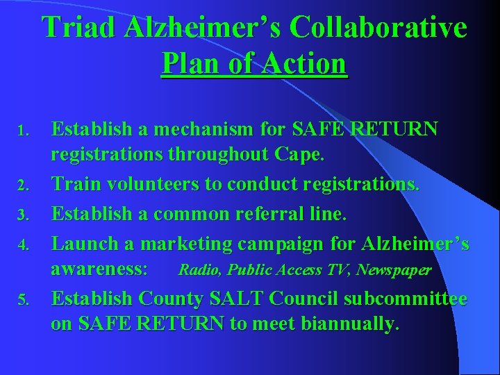 Triad Alzheimer’s Collaborative Plan of Action 1. 2. 3. 4. 5. Establish a mechanism