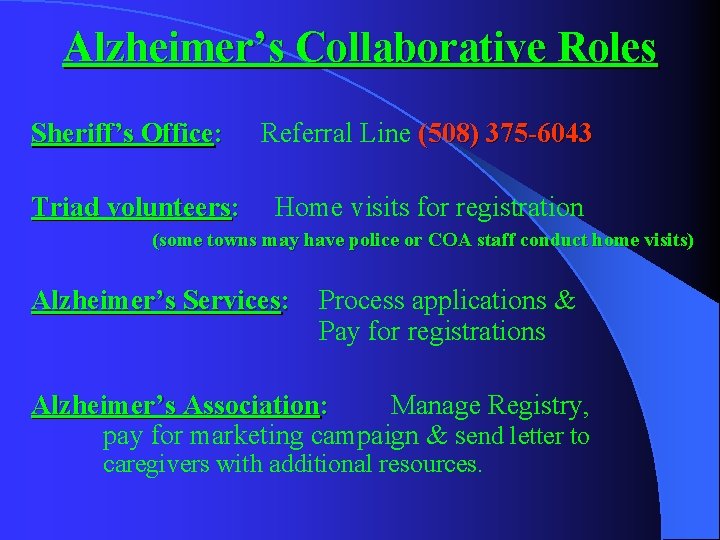 Alzheimer’s Collaborative Roles Sheriff’s Office: Triad volunteers: Referral Line (508) 375 -6043 Home visits