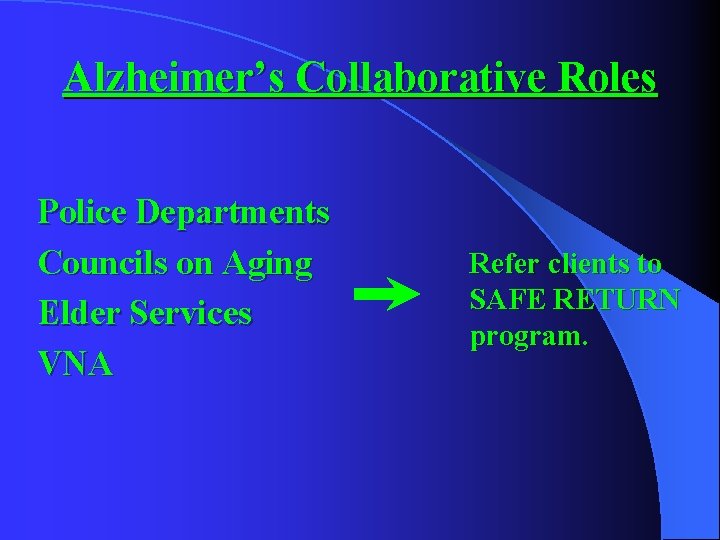Alzheimer’s Collaborative Roles Police Departments Councils on Aging Elder Services VNA Refer clients to