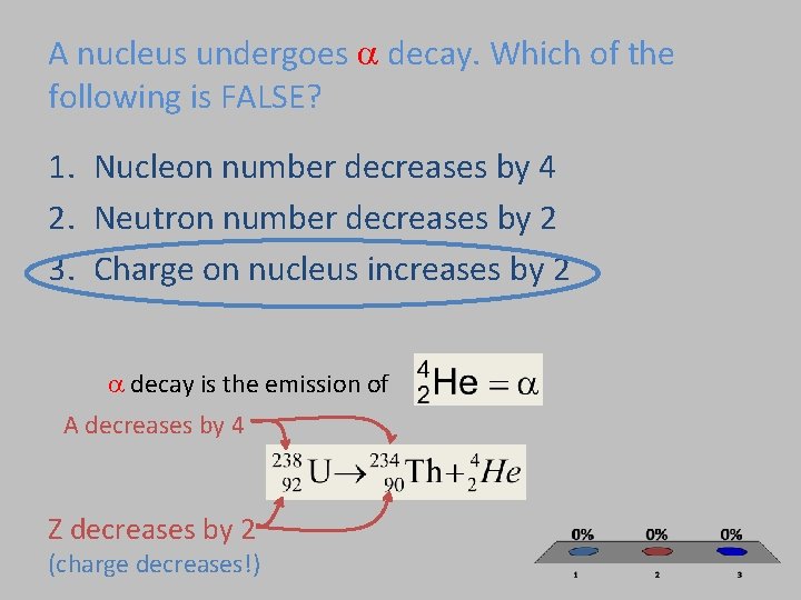 A nucleus undergoes decay. Which of the following is FALSE? 1. Nucleon number decreases