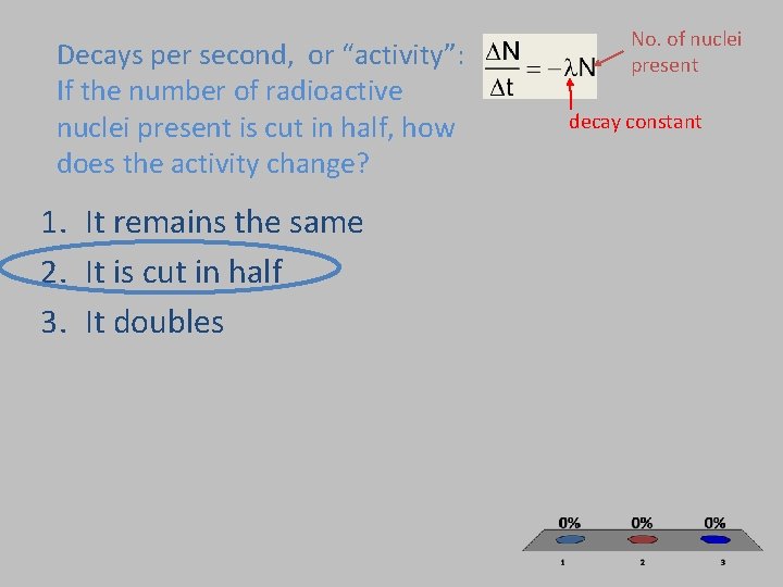 Decays per second, or “activity”: If the number of radioactive nuclei present is cut