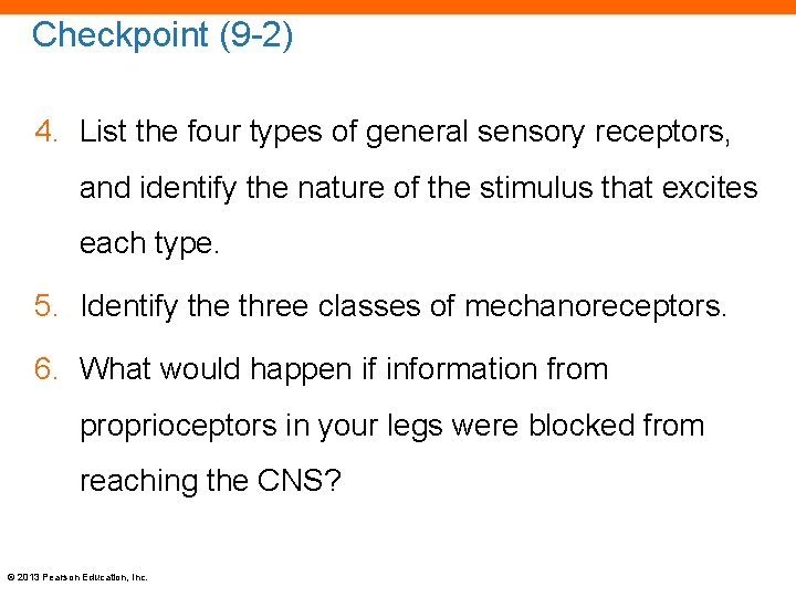 Checkpoint (9 -2) 4. List the four types of general sensory receptors, and identify