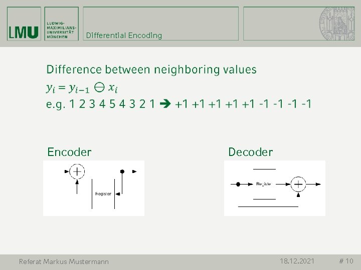 Differential Encoding Encoder Referat Markus Mustermann Decoder 18. 12. 2021 # 10 