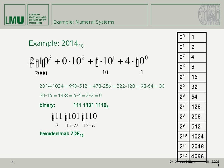 Example: Numeral Systems 20 1 21 2 22 4 23 8 24 16 2014
