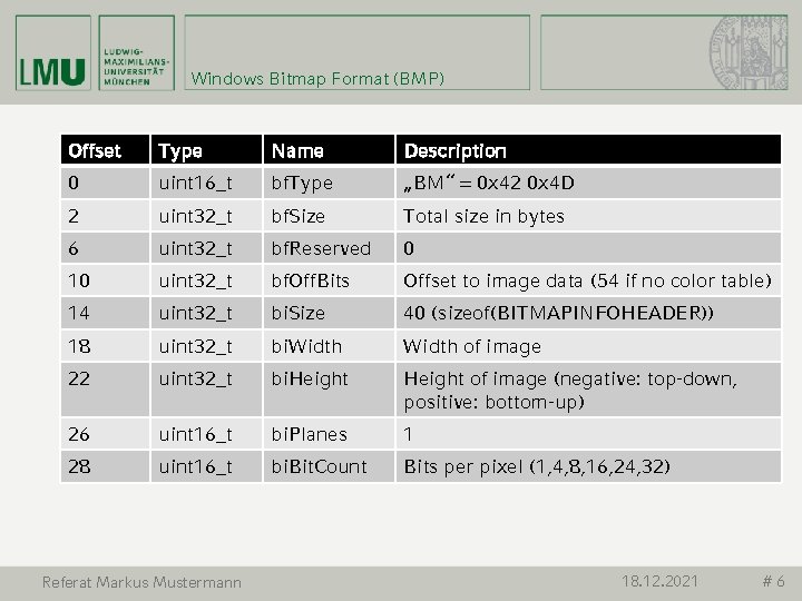 Windows Bitmap Format (BMP) Offset Type Name Description 0 uint 16_t bf. Type „BM“