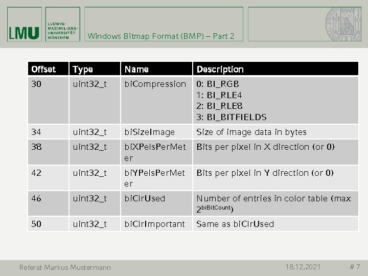 Windows Bitmap Format (BMP) – Part 2 Offset Type Name Description 30 uint 32_t