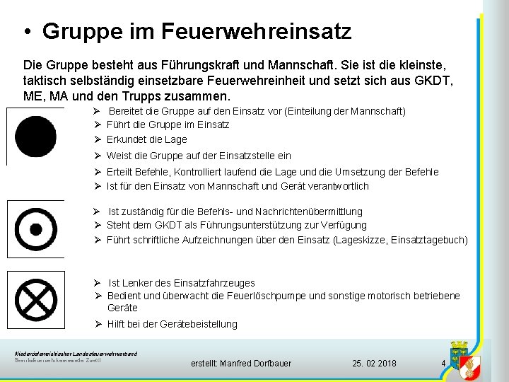  • Gruppe im Feuerwehreinsatz Die Gruppe besteht aus Führungskraft und Mannschaft. Sie ist