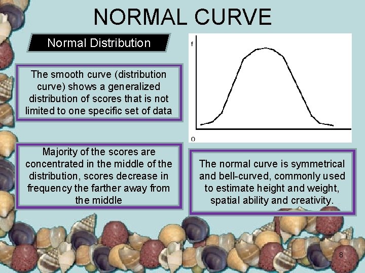 NORMAL CURVE Normal Distribution The smooth curve (distribution curve) shows a generalized distribution of