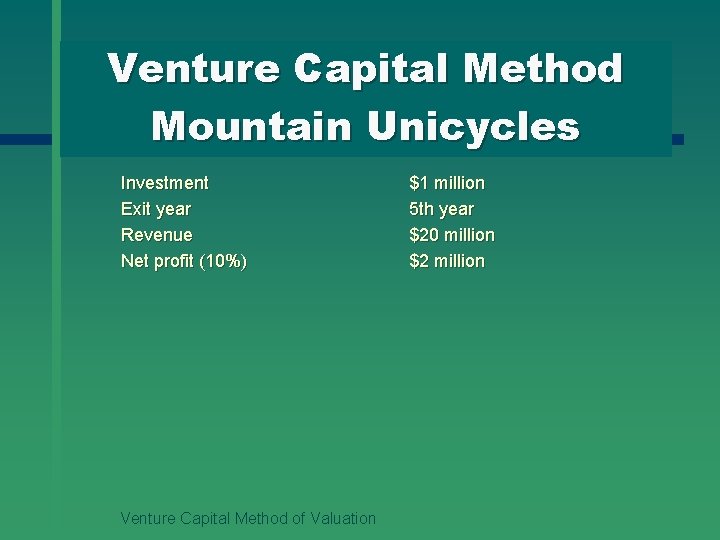 Venture Capital Method Mountain Unicycles Investment Exit year Revenue Net profit (10%) Venture Capital