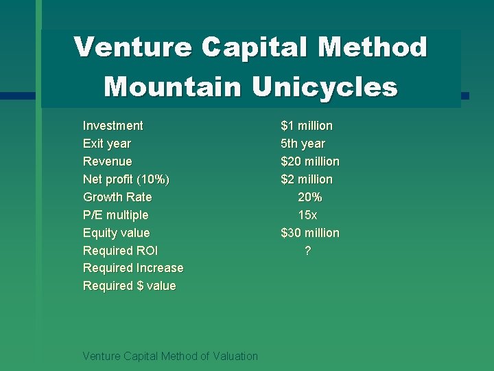 Venture Capital Method Mountain Unicycles Investment Exit year Revenue Net profit (10%) Growth Rate