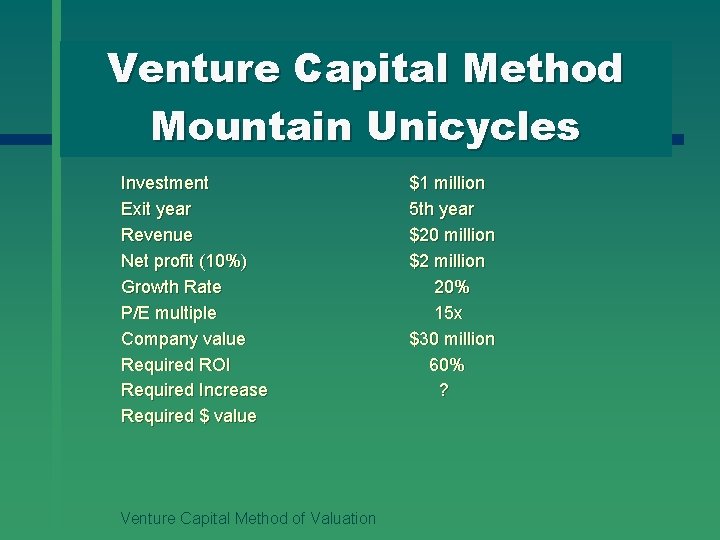 Venture Capital Method Mountain Unicycles Investment Exit year Revenue Net profit (10%) Growth Rate