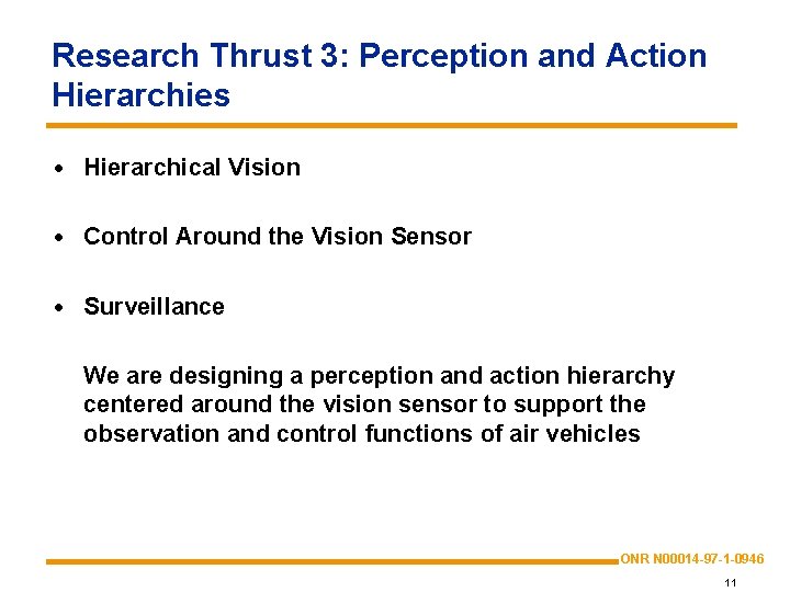 Research Thrust 3: Perception and Action Hierarchies · Hierarchical Vision · Control Around the