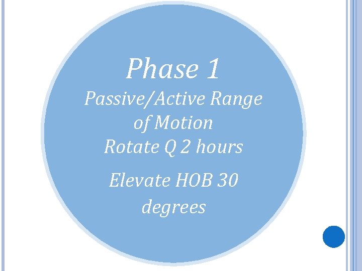 Phase 1 Passive/Active Range of Motion Rotate Q 2 hours Elevate HOB 30 degrees