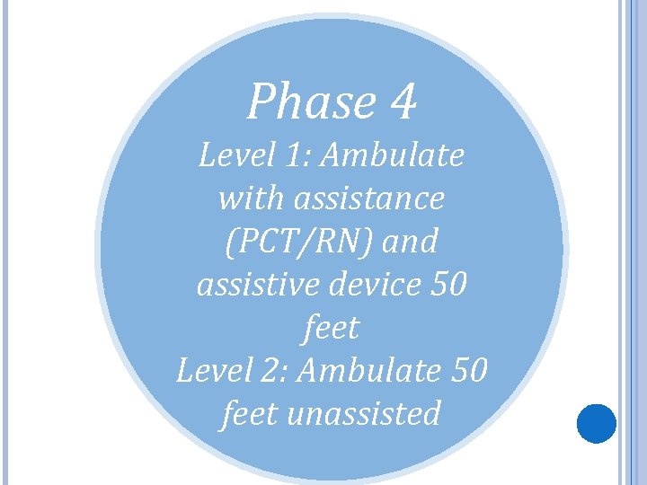 Phase 4 Level 1: Ambulate with assistance (PCT/RN) and assistive device 50 feet Level