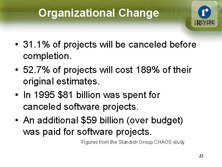 Organizational Change • 31. 1% of projects will be canceled before completion. • 52.