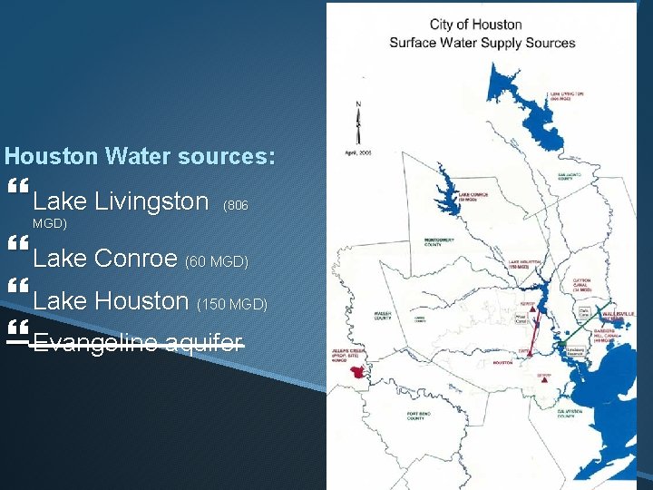 Houston Water sources: Lake Livingston Lake Conroe Lake Houston Evangeline aquifer (806 MGD) (60