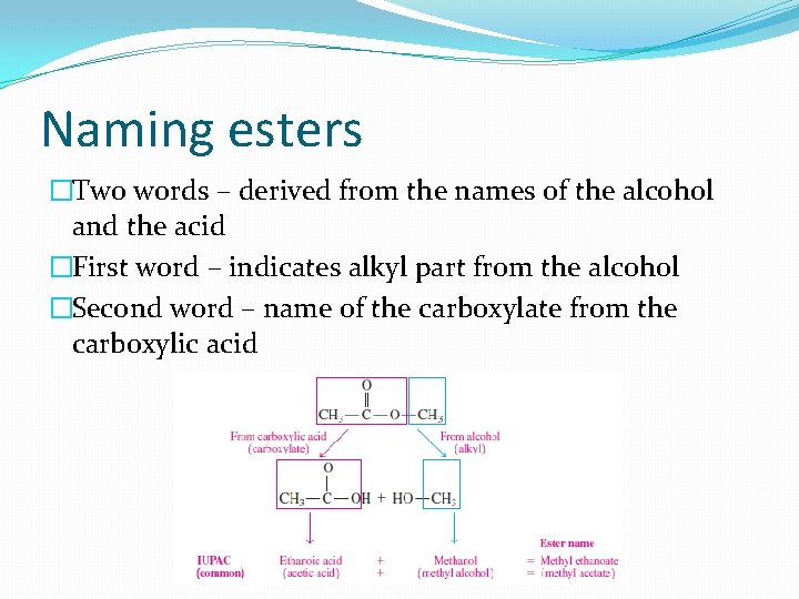 Naming esters �Two words – derived from the names of the alcohol and the