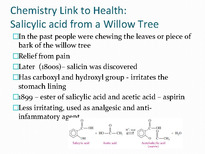 Chemistry Link to Health: Salicylic acid from a Willow Tree �In the past people