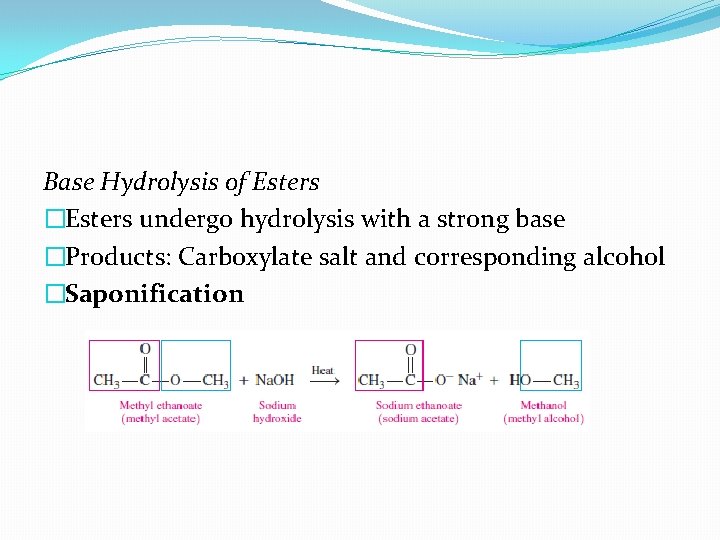 Base Hydrolysis of Esters �Esters undergo hydrolysis with a strong base �Products: Carboxylate salt