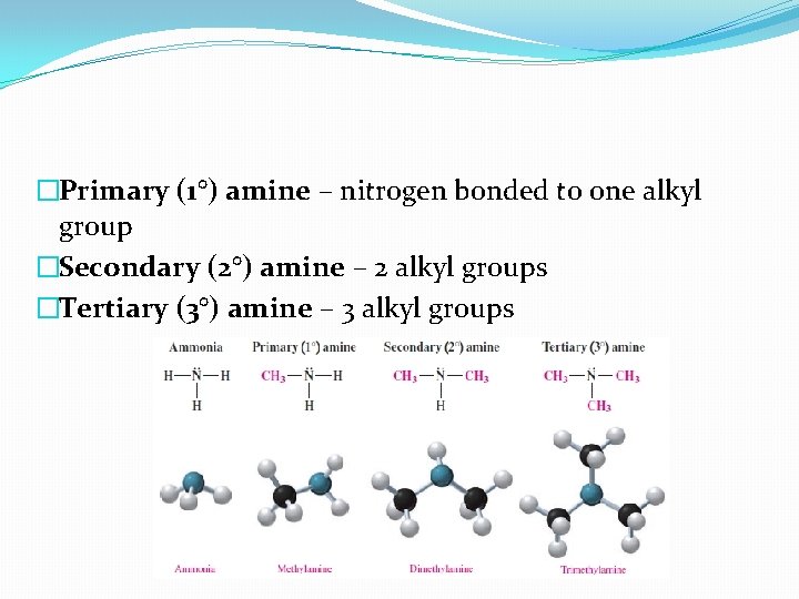 �Primary (1°) amine – nitrogen bonded to one alkyl group �Secondary (2°) amine –