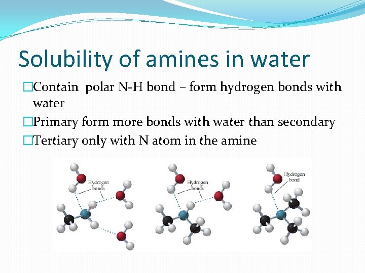 Solubility of amines in water �Contain polar N-H bond – form hydrogen bonds with