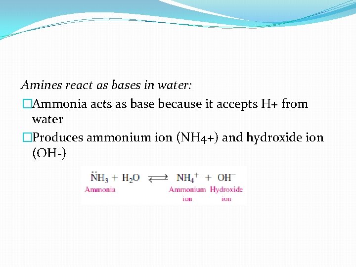 Amines react as bases in water: �Ammonia acts as base because it accepts H+