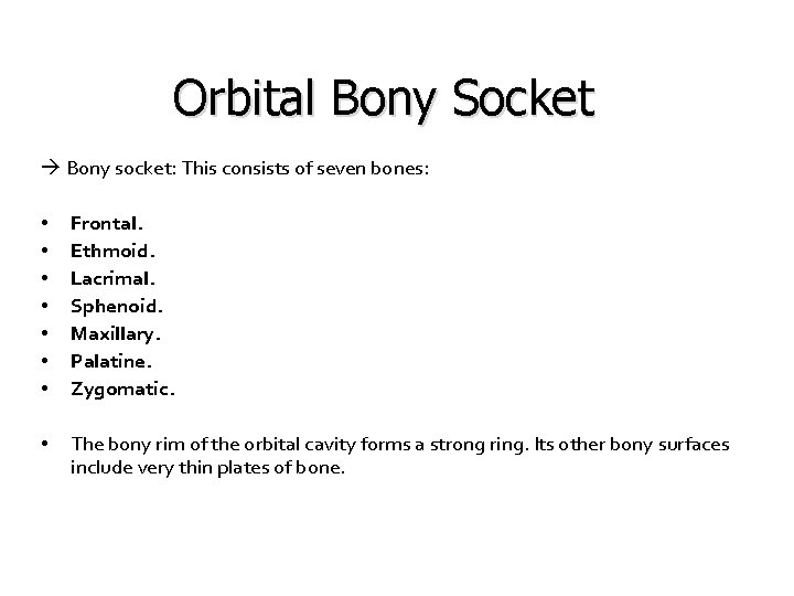 Orbital Bony Socket Bony socket: This consists of seven bones: • • Frontal. Ethmoid.