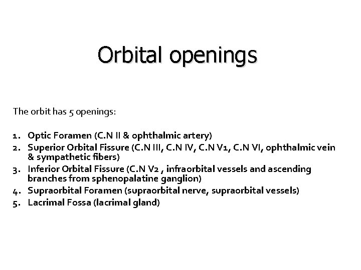 Orbital openings The orbit has 5 openings: 1. Optic Foramen (C. N II &