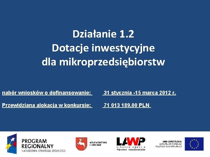 Działanie 1. 2 Dotacje inwestycyjne dla mikroprzedsiębiorstw nabór wniosków o dofinansowanie: 31 stycznia -15