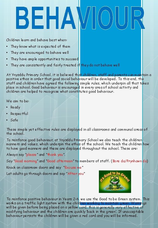 Children learn and behave best when: • They know what is expected of them