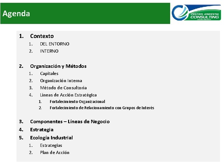 Agenda 1. Contexto 1. 2. DEL ENTORNO INTERNO Organización y Métodos 1. 2. 3.