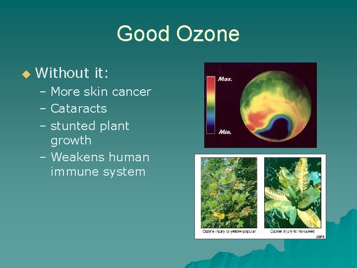 Good Ozone u Without it: – More skin cancer – Cataracts – stunted plant