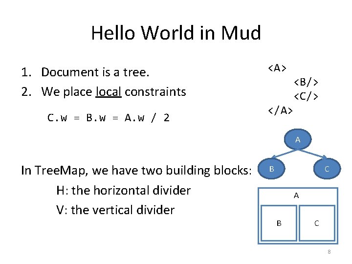 Hello World in Mud 1. Document is a tree. 2. We place local constraints