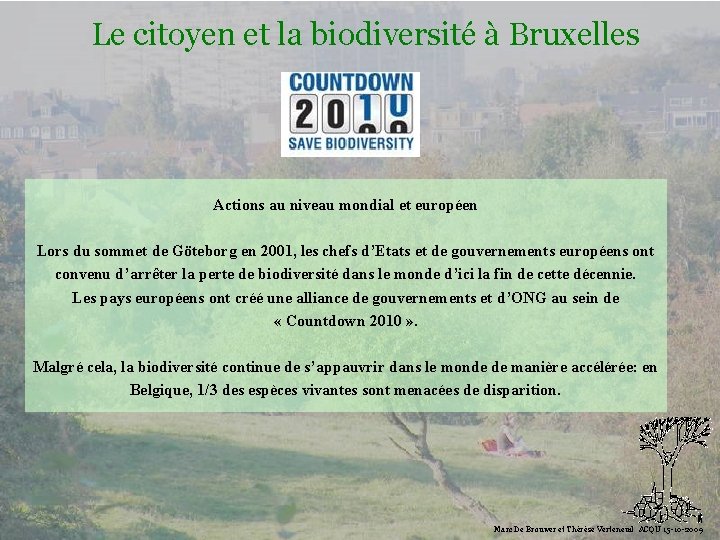 Le citoyen et la biodiversité à Bruxelles Actions au niveau mondial et européen Biodiversité