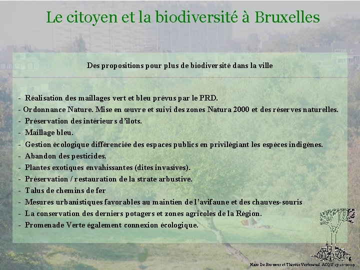 Le citoyen et la biodiversité à Bruxelles Des propositions pour plus de biodiversité dans