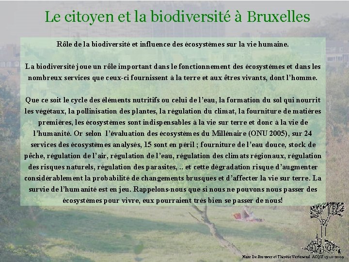 Le citoyen et la biodiversité à Bruxelles Rôle de la biodiversité et influence des
