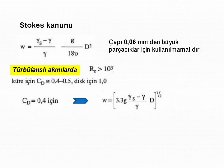 Stokes kanunu Çapı 0, 06 mm den büyük parçacıklar için kullanılmamalıdır. Türbülanslı akımlarda 