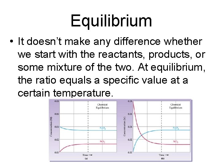 Equilibrium • It doesn’t make any difference whether we start with the reactants, products,
