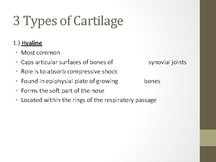3 Types of Cartilage 1. ) Hyaline • Most common • Caps articular surfaces